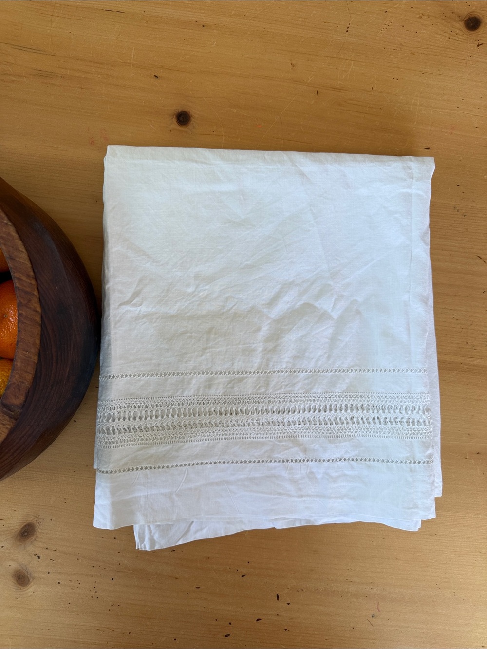 48”x54” VINTAGE White linen rectangular table cloth with eyelet open work